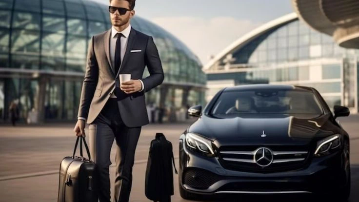 Luxury private chauffeur car in Melbourne with a professional driver opening the door for an airport transfer client.