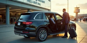 Luxury Melbourne airport transfers door to door service with a professional chauffeur assisting a passenger outside Melbourne Airport terminal.